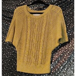 Ann Taylor LOFT Sweater Cable Knit Cotton Round Neck Short Sleeve Yellow Size XS